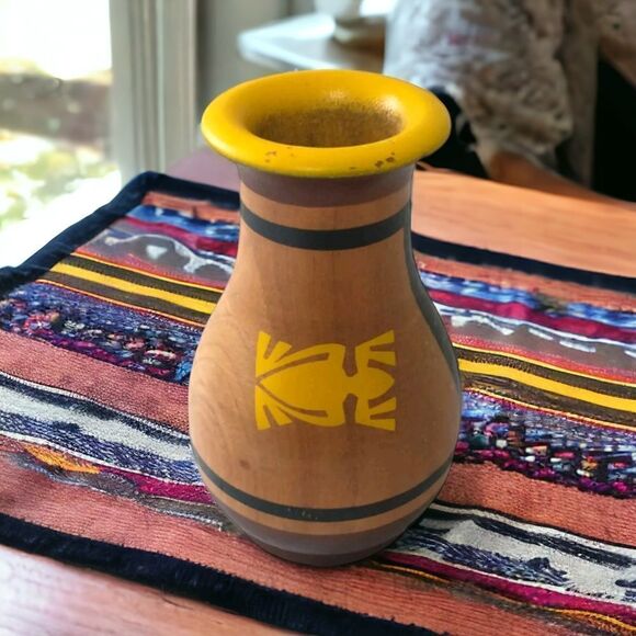 Navajo Pand Painted Hand Turned Vase Wooden Southwestern Turtle Native American - Picture 14 of 16